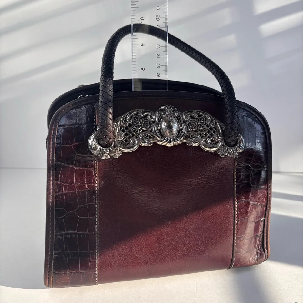 Vintage Brighton Brown Leather Silver Filigree Braided‎ Handle Handbag A162006